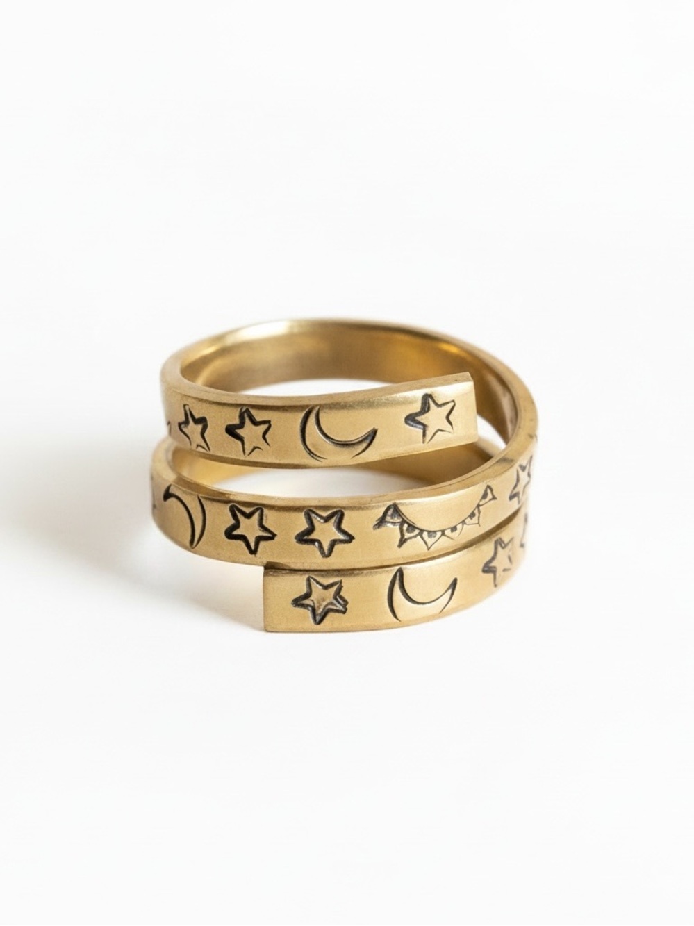 Handmade Celestial Gold brass adjustable Wrap Ring with Moon & Star Engravings